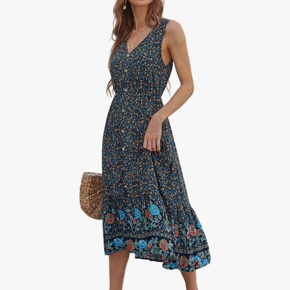 Green, Blue, and Red Floral Sleeveless V-neck Front Button Down Midi Dress - Picture 1 of 7